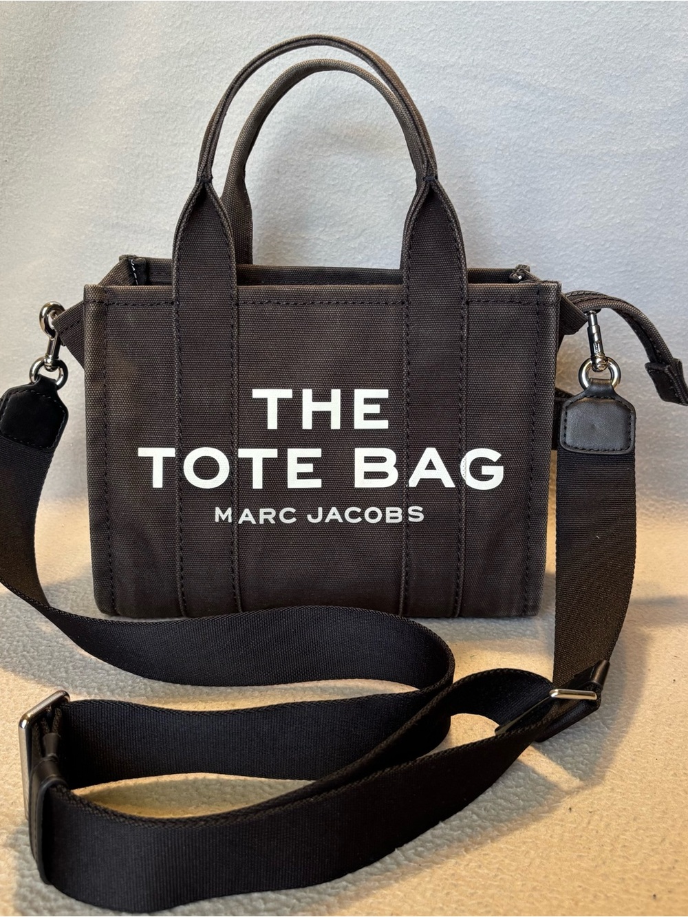 Marc Jacobs Discolored Black Canvas Mini Tote Bag with Logo